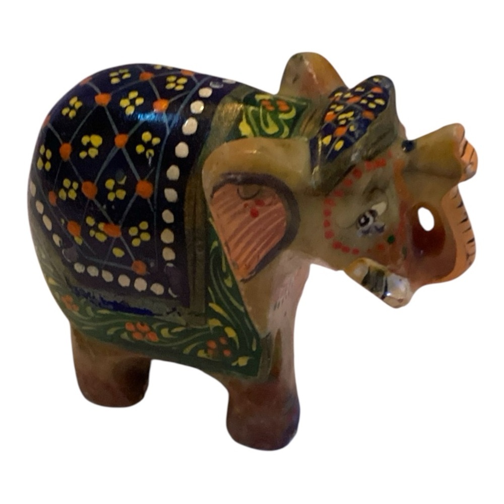 Hand-Carved Solid Marble Elephant Figurine Hand-Painted India Floral Statue